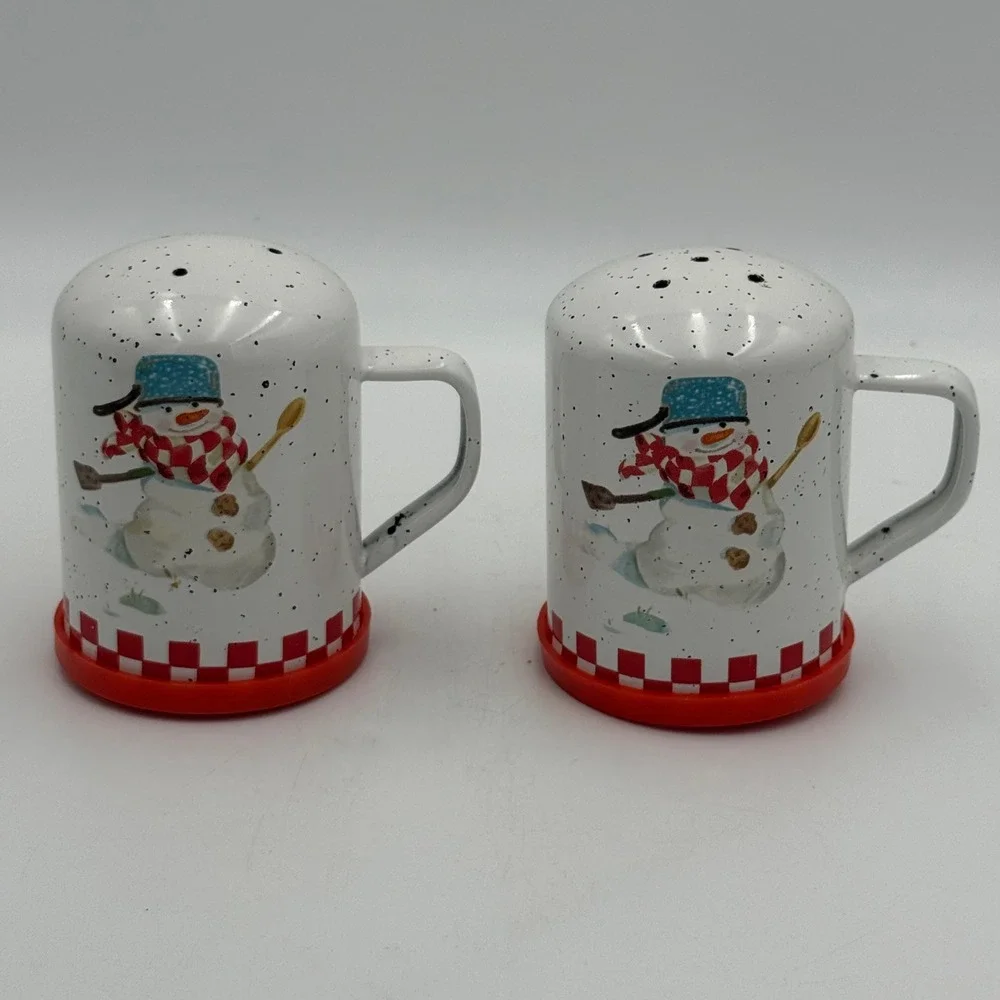 Vintage Style Snowman Christmas Mug Salt and Pepper Shakers Set Speckled White